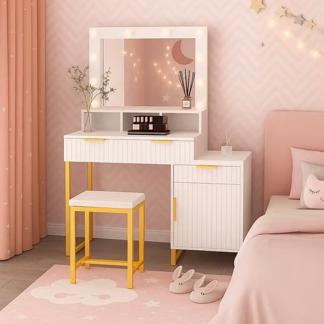 KOSY KOALA Hollywood Style Dressing Table Set with LED Bulb Lights Mirror, Storage Cabinet and Stool in White and Gold, W/D/H: 140 x 40 x 100 cm