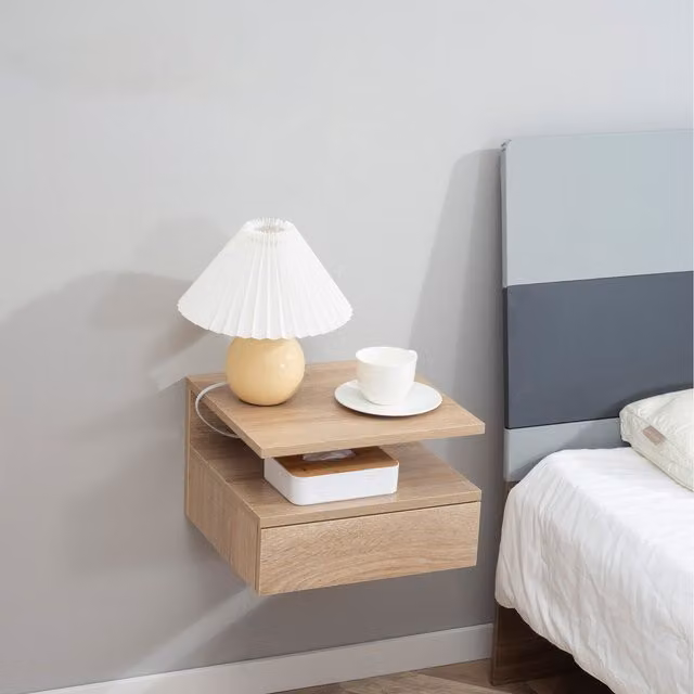 HOMCOM Set of 2 Wall-Mounted Floating Nightstands in Oak