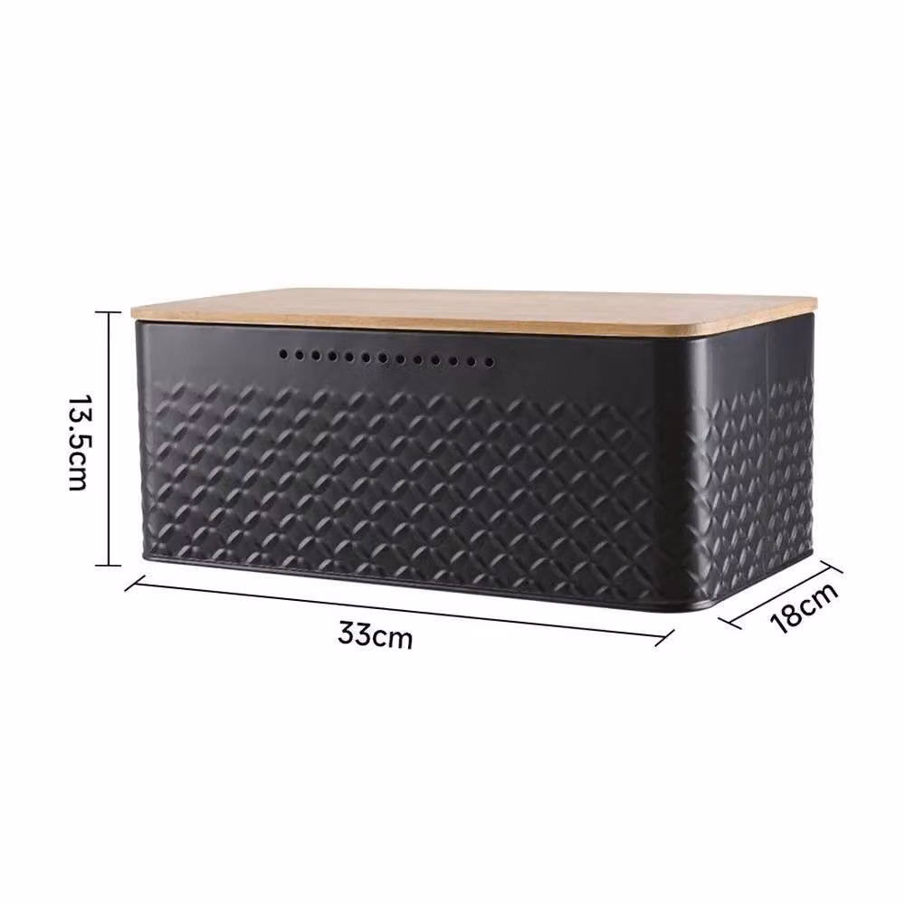 Kelvenix Black Embossed Metal Bread Bin with 2-in-1 Bamboo Lid Cutting Board – 2