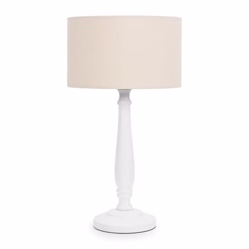 ValueLights Traditional White Wood Candlestick Table Lamp with Cream Fabric Drum Shade and LED Bulb – 1