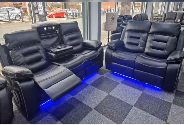 Furniture786ltd Balian Hafsa Electric Recliner 2 and 3 Seater Sofa Set in Black Synthetic Leather with USB Charging and LED Lighting