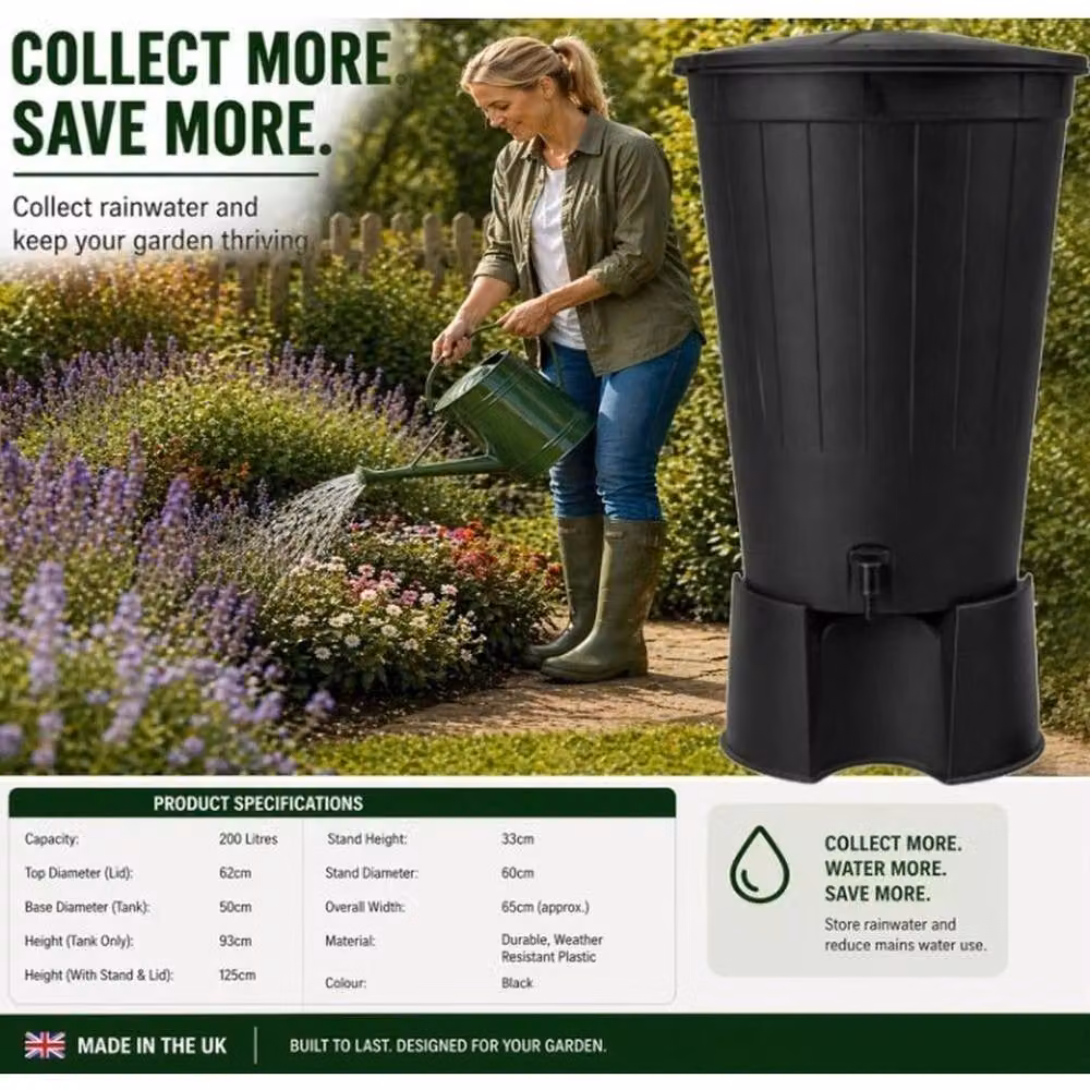 SPETLEK 200 Litre Black Rain Barrel Kit with Stand, Lid and Tap – 5
