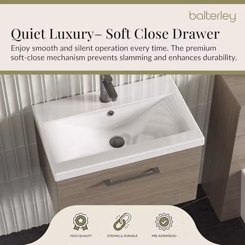 Balterley Wall Hung Single Drawer Vanity Unit with Basin in Woodgrain Grey, W/D/H: 61.0 x 39.0 x 39.9 cm – 3