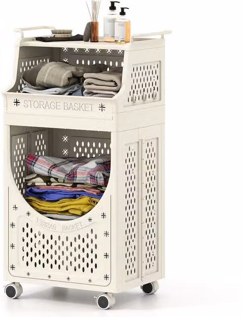 Costway Foldable Rolling Utility Cart with Hooks in Beige