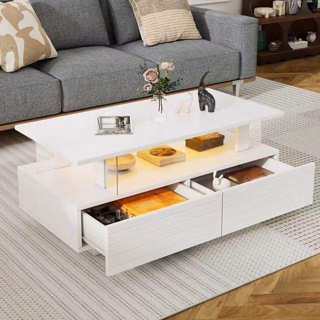 Merax Rectangular LED Coffee Table with 2 Drawers and Open Storage Compartment in White – 1