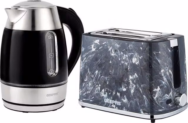 Geepas Black Illuminating Electric Kettle 1.7L and 900W 2 Slice Bread Toaster Combo Set