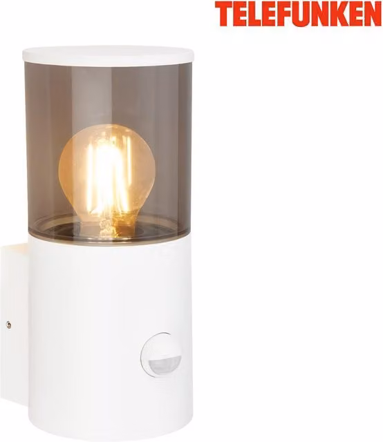 TELEFUNKEN White Outdoor Wall Light with Smoked Glass, Motion and Dusk Sensors, E27, IP44