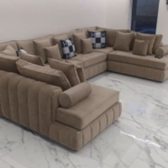 HOB Furniture Oyster Oxford U Shape Chaise Sofa in Beige Velvet Fabric