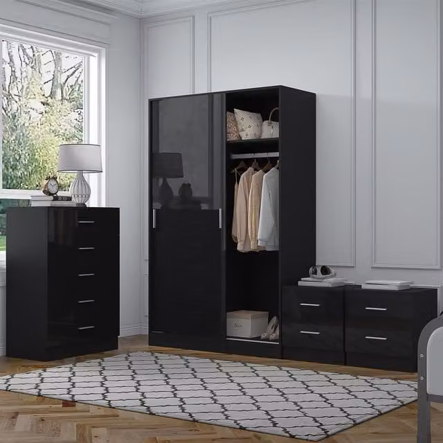 REFLECT Bedroom Furniture Bundle with Sliding Wardrobe, Tall Chest and 2x Bedsides in Black Gloss and Matt Black