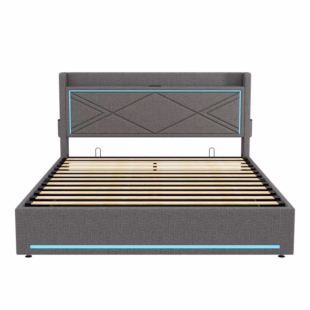 ModernLuxe King Ottoman Bed in Grey with LED Lighting, USB Charging Port and Storage Headboard – 7