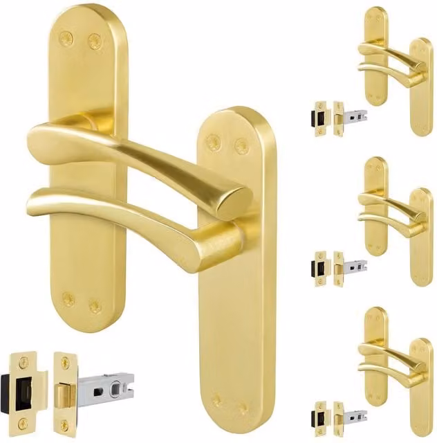 AFIT Satin Brass Twist Door Handle and Latch Set with Long Backplate, Gold, 4 Pairs