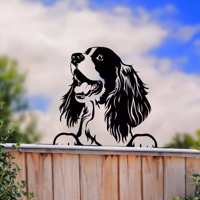 Betley Butterfly Peeking Dog Silhouette Fence Topper, Black Spaniel