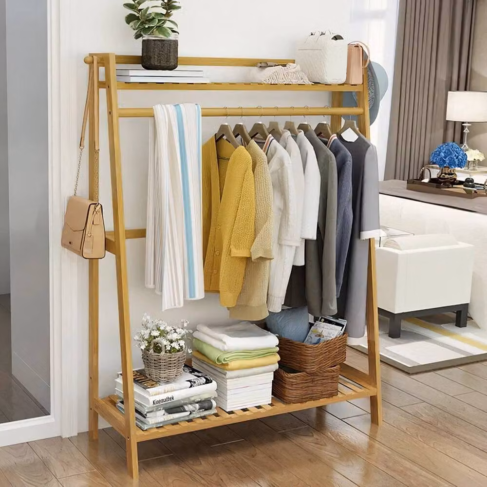 KORVIXA Bamboo Clothes Rail in Beige with Dual Hook and Rail Matrix, W/D/H: 90 x 90 x 90 cm – 2