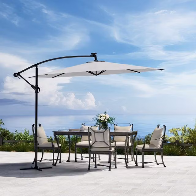 Komore Modern LED Solar Garden Parasol with Metal Cross Base in Grey and White