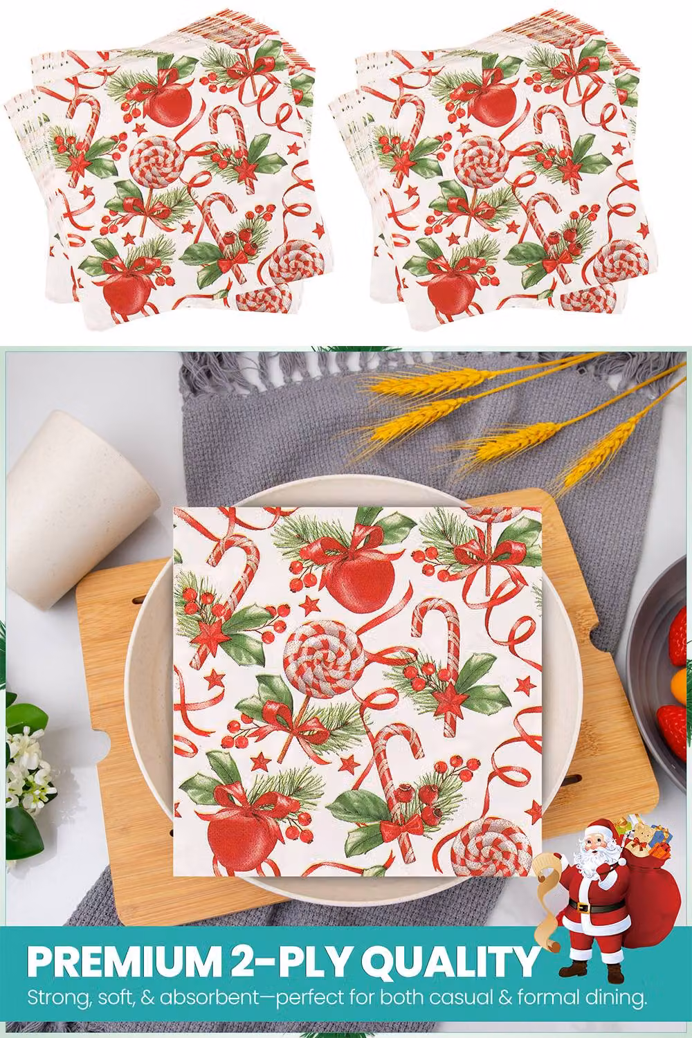 Neel Blue Christmas Paper Napkins, 20 Pack of White and Red Striped Serviettes – 2