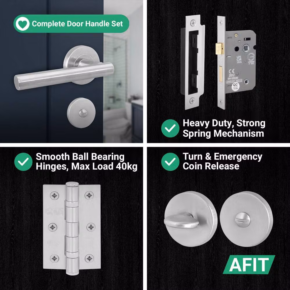 AFIT Satin Silver Bathroom Door Handles with WC Lock and Hinges, 2 Pack – 7