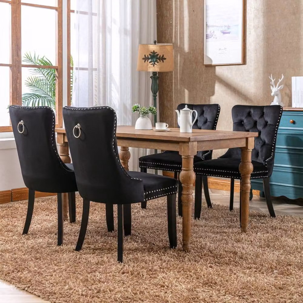 HomeTouch Romsey Set of 6 Black Velvet Upholstered Dining Chairs with Oak Legs and Knocker Ring Back – 3