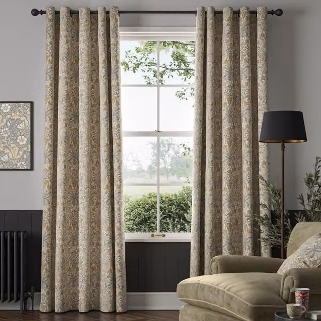 William Morris Woodland Weeds Made To Measure Blackout Eyelet Curtains in Barley Cotton Fabric