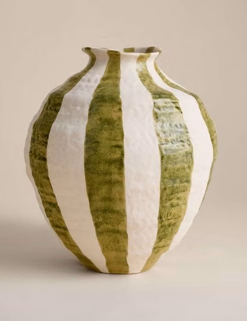 M&S Modern Striped Textured Ceramic Tabletop Vase in Green