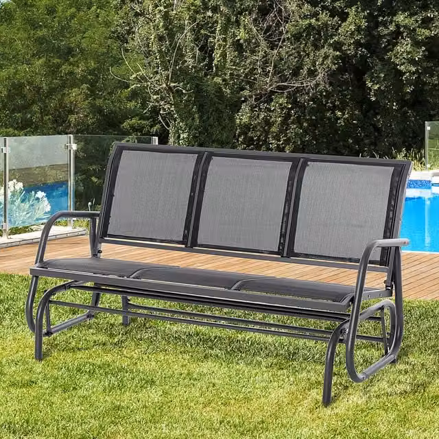 Outsunny 3 Seat Glider Rocking Chair in Black with Armrests and Metal Frame