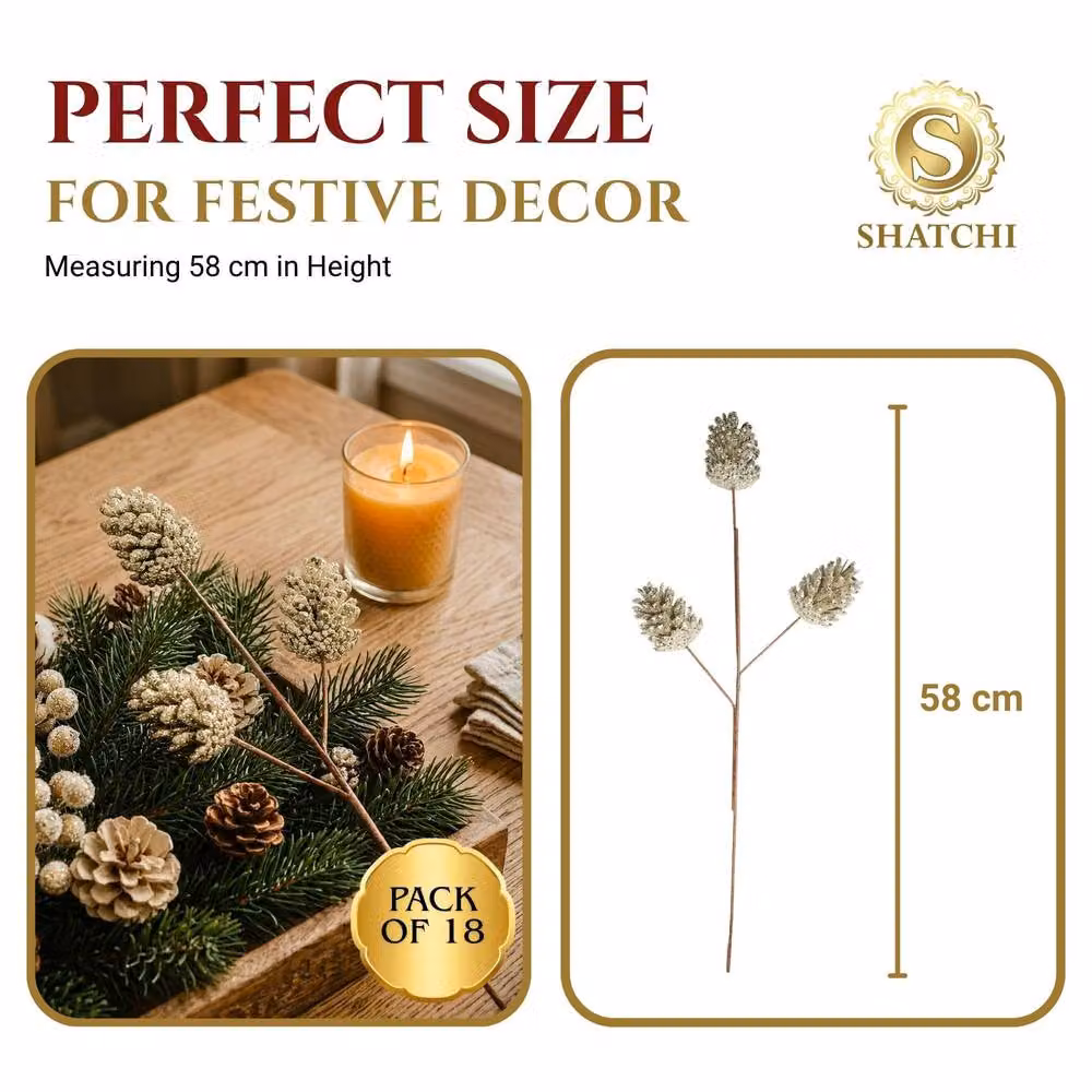 Shatchi Gold Glitter Champagne Pine Cone Christmas Picks, 18 Pack, Length: 58 cm – 3