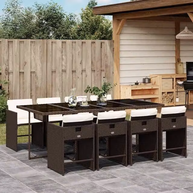 Berkfield Home Garden Rattan Dining Set with Glass Top in Brown, White and Black – 1