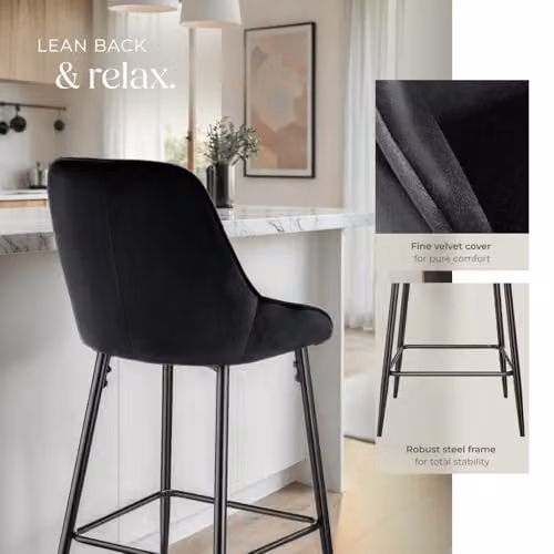 tectake Set of 2 Siera Bar Stools with Velvet-Look Covers in Black – 5