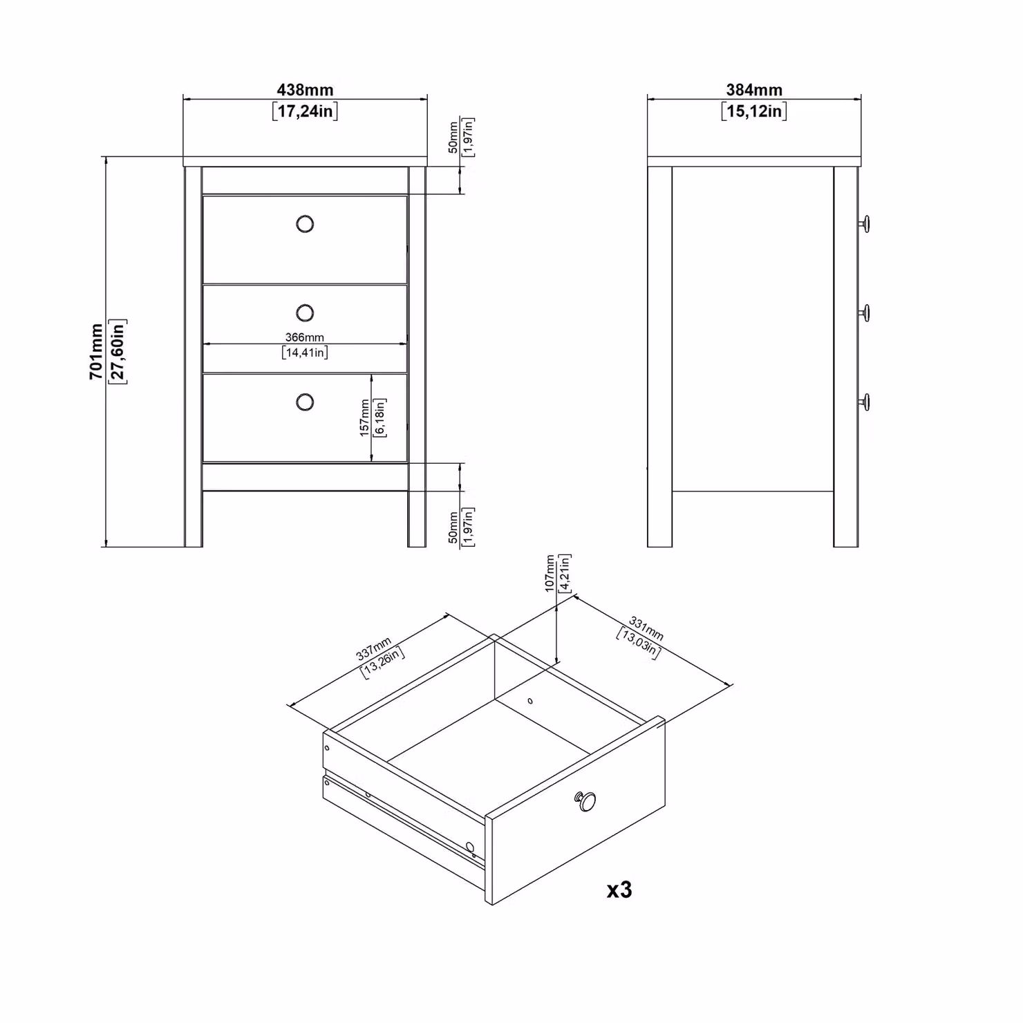Furniture To Go Madrid 3-Drawer Bedside Table in Beige Cashmere – 3