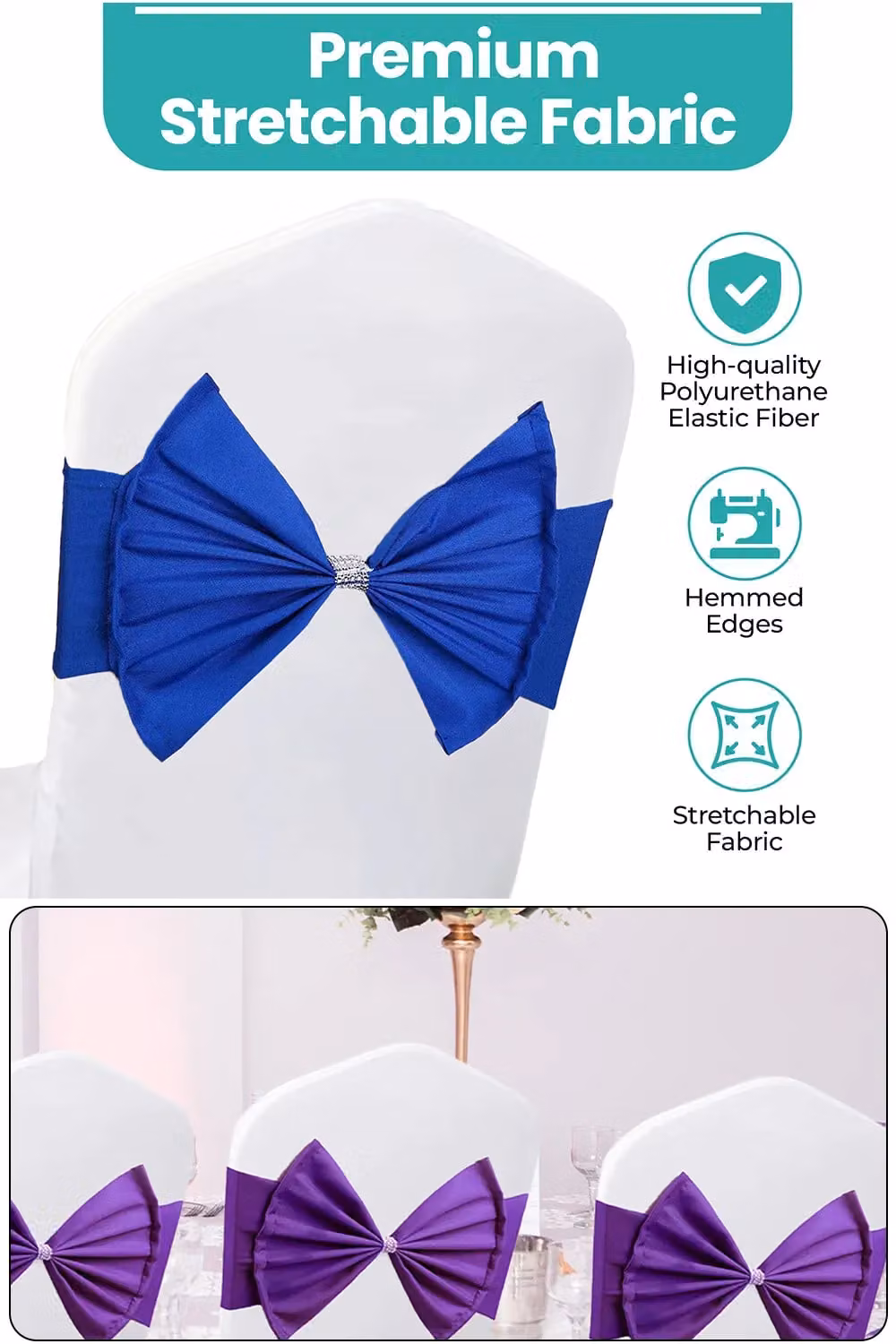 Neel Blue Pack of 10 Stretchy Chair Sash Bands with Slider Buckles in Royal Blue – 3