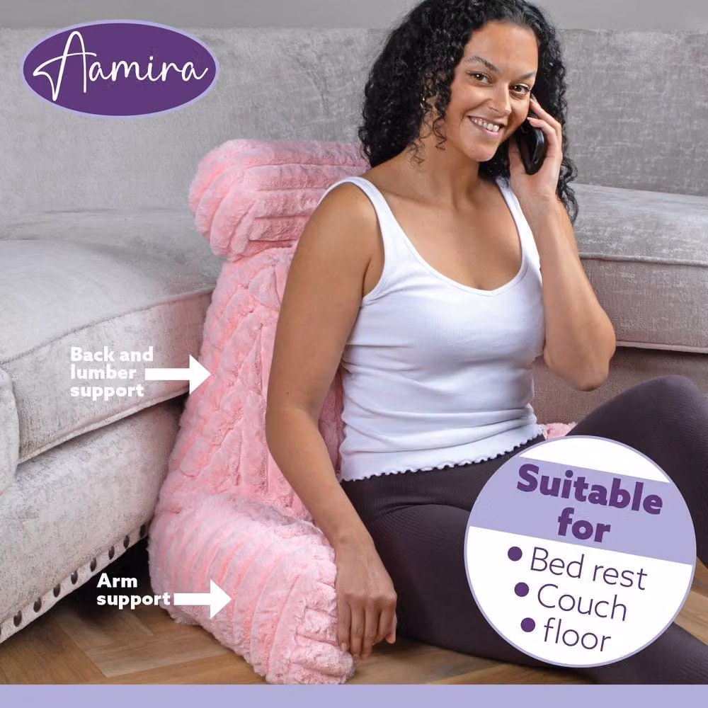 Aamira Pink Faux Fur Ribbed Memory Foam Reading Pillow Wedge Support Cushion – 7