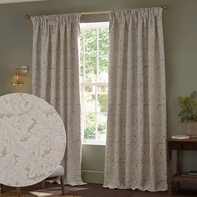 Morris & Co Acanthus Jacquard Fully Lined Pencil Pleat Curtains in Beige, Width: 168 cm, Drop: 137 cm – 1