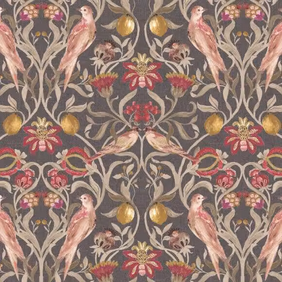 Edinburgh Weavers Songbird Floral Cotton Fabric in Charcoal Grey