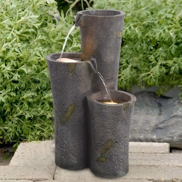Livingandhome Silver and Grey Outdoor Leaf Pattern Rockery Cascade Water Fountain with 2 Warm Lights