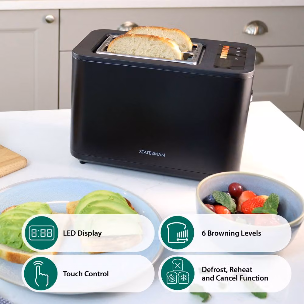 Statesman 900W Digital 2-Slice Toaster with LED Timer Display, Touch Control Panel and Cable Storage, Black – 2