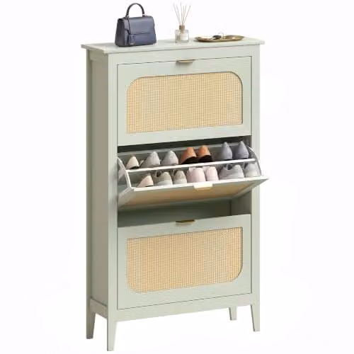 HOMCOM Boho Slim Shoe Cabinet with Rattan Doors, Holds 21 Pairs, Green