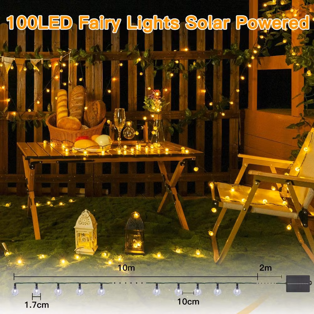 Ollny Warm White Solar String Lights with 100 LEDs, 12m Length, IP44 Waterproof, 8 Modes and Auto On/Off in Black – 2