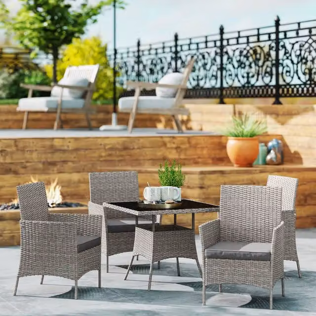 OUTSUNNY Modern Rattan Outdoor Dining Set for 4 with Glass Top and Metal Frame, Light Grey – 1