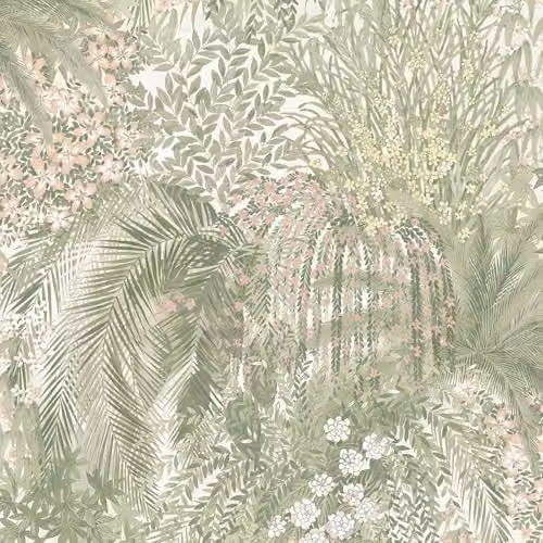 Grandeco Paradise Trees Foliage and Flowers Smooth Botanical Wallpaper in Green and Pink