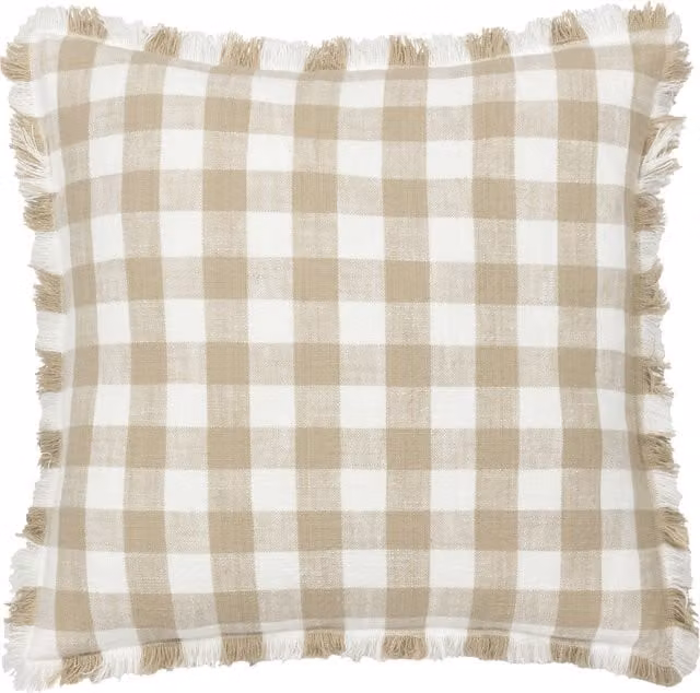 Barton Check Fringed Feather Filled Cotton Cushion in Beige and Yellow