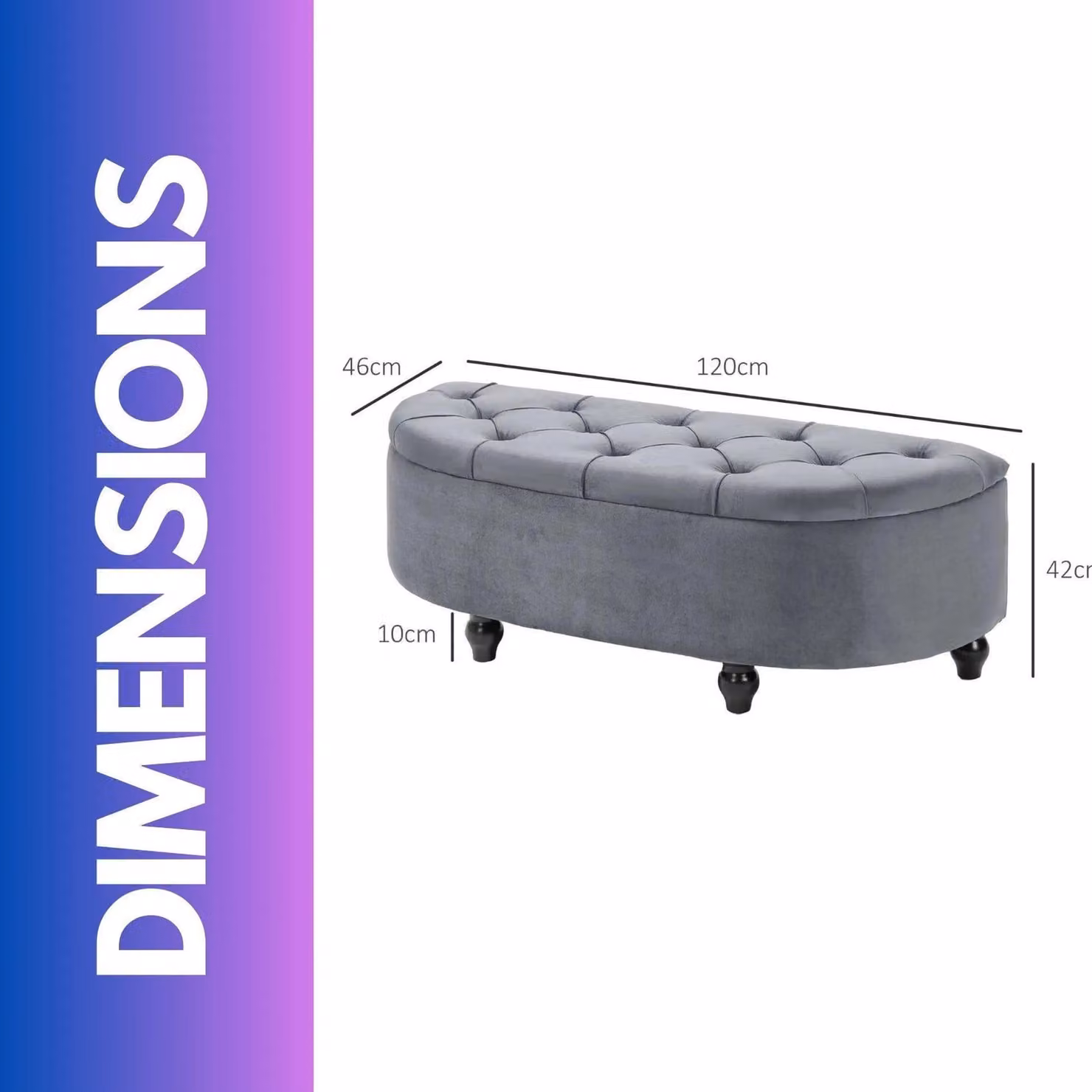 FURNOS Upholstered Velvet Half Circle Wooden Ottoman Storage Bench in Dark Grey, W: 120 cm, D: 46 cm, H: 42 cm – 4