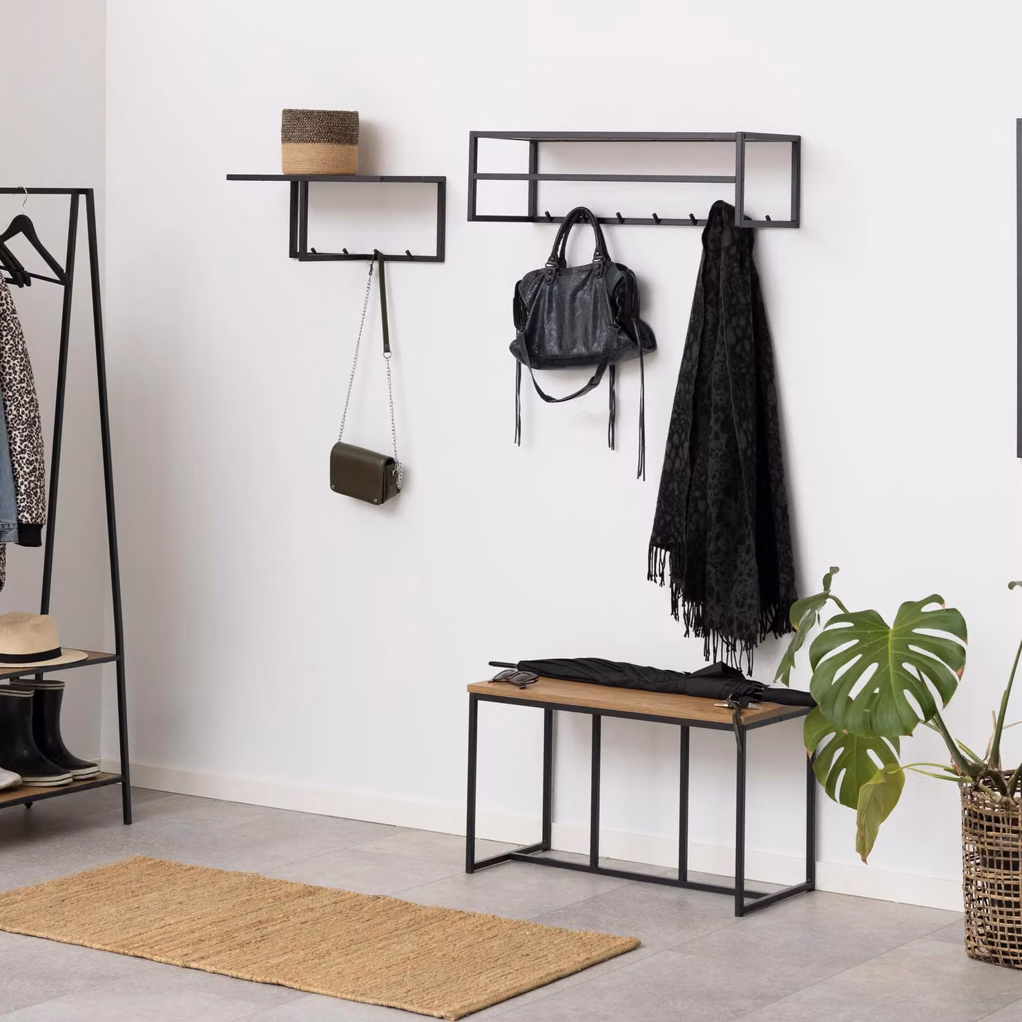 Furniture To Go Seaford Modern Metal Coat Rack with Wild Oak Top in Black and Brown – 1