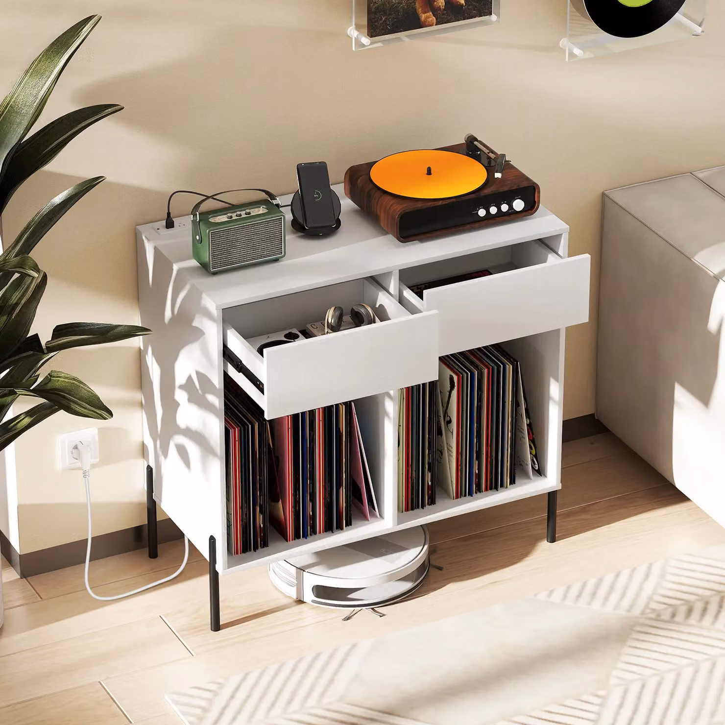 Costway Double Wide Record Player Stand with Power Outlets and Media Compartments in White – 5