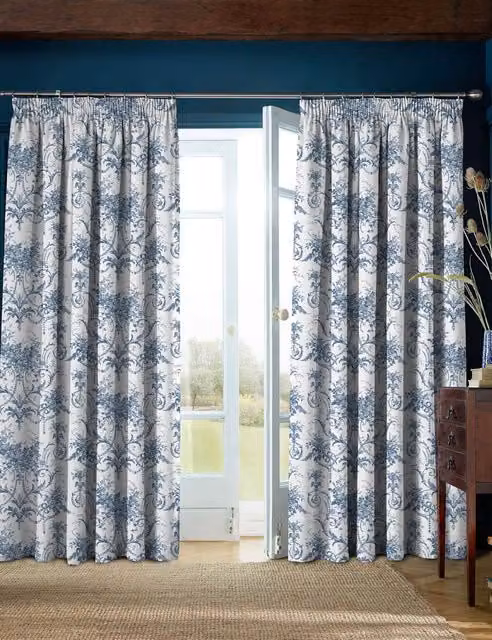 Laura Ashley Tuileries Blue Mix Floral Pure Cotton Pencil Pleat Blackout Thermal Insulating Curtains