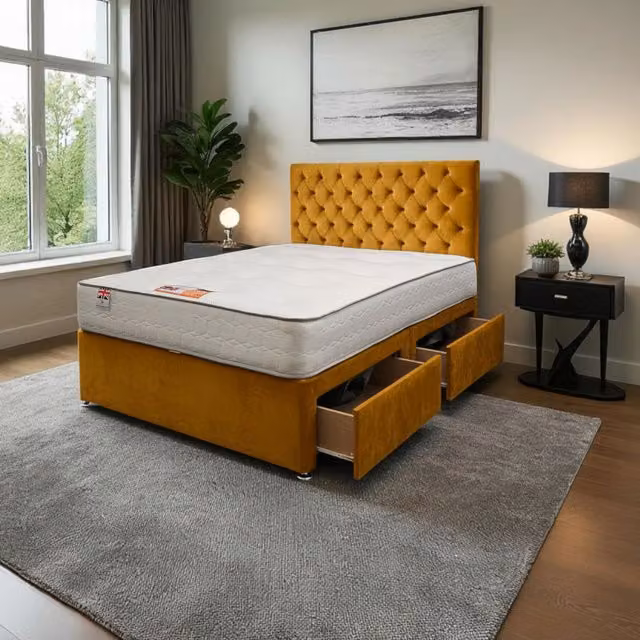 Knight Sleep Athens Plush Bed Set with Mattress and 24 inch Headboard in Mustard Yellow