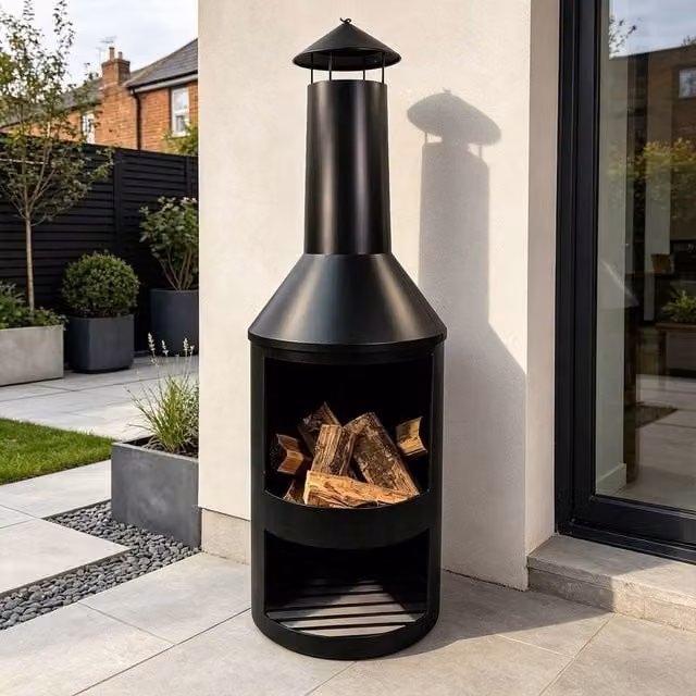 Samuel Alexander Black Steel Outdoor Garden Chiminea Log Burner Fire Pit with Log Store and Cover, Height: 140 cm