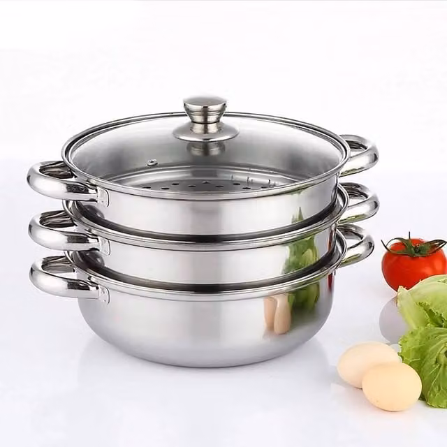 Havendro Stainless Steel Steamer Pot Set with Glass Lid in Silver