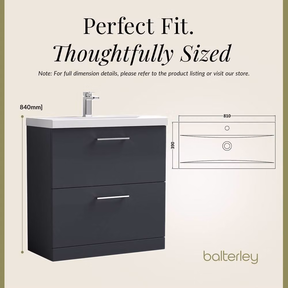 Balterley Modern 2 Drawer Floor Standing Bathroom Vanity Unit and Rectangular Mid-Edge Basin, Dark Grey, W: 80 cm, D: 39 cm, H: 85 cm – 5