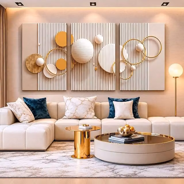 Mafett Set of 3 Abstract Pearl Circle Canvas Wall Art in Beige and Gold, W45.7 cm x H61.0 cm