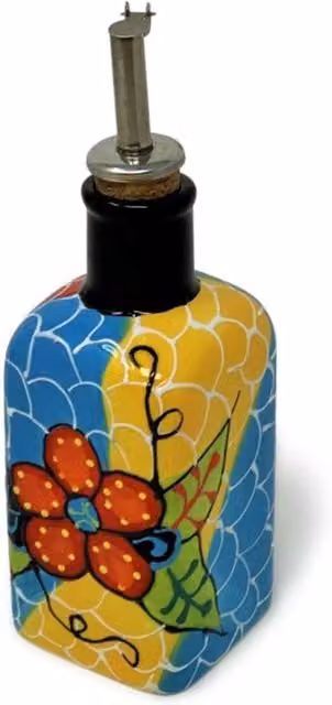 Verano Spanish Ceramics Hand Painted Squared Oil and Vinegar Drizzler with Cork and Chrome Pourer, Fish Scales Design, Multicolour, 300ml