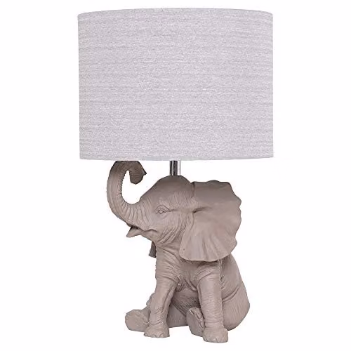K LIVING Hathi Grey Resin Elephant Table Lamp with Fabric Shade